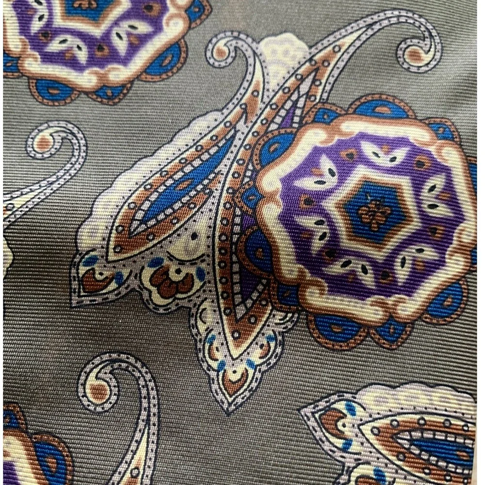 Oscar de la Renta Couture Silk Tie OS Olive Green Purple Paisley Floral Necktie